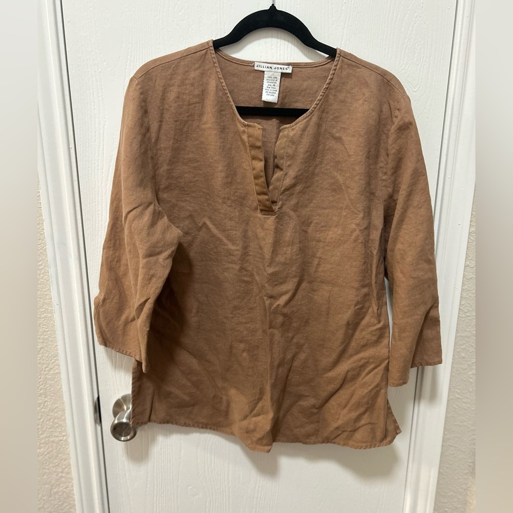 Jillian Jones 100% Linen Top Brown 3/4 Sleeve Size 16